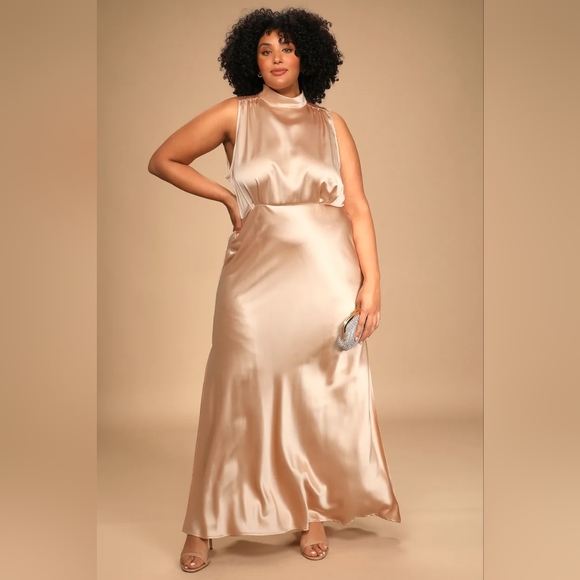 Classic Elegance Blush Satin Sleeveless Mock Neck Maxi Dress - Picture 7 of 9